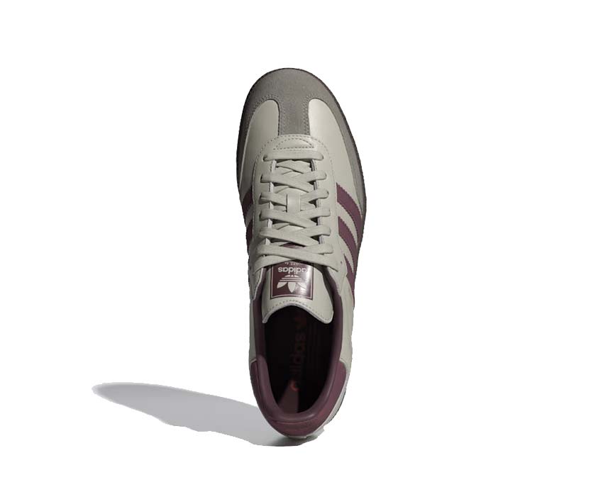 Adidas Samba OG Putty Grey Maroon detail — suede panel and gold metallic accents