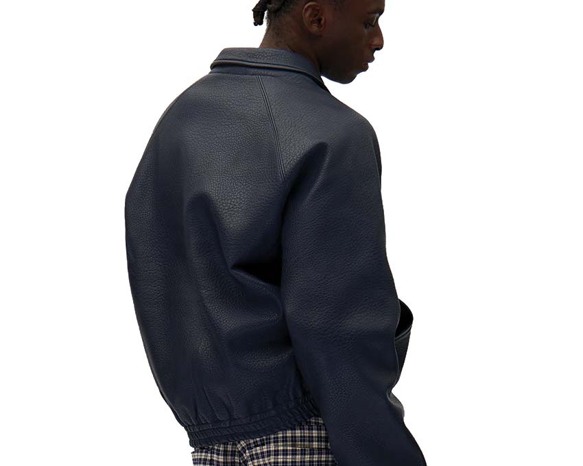Arte Big Logo Leather Jacket Navy Seitenansicht — weiches Leder gesticktes Logo