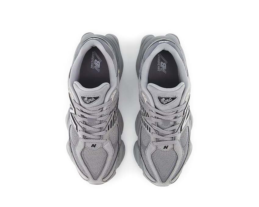 New Balance 9060 Shadow Grey dettaglio — inserti in camoscio a contrasto