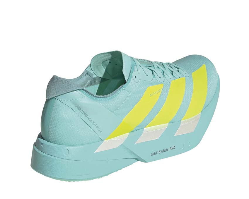 Adidas Adizero Adios Pro 4 Flash Aqua vue latérale — amorti Lightstrike Pro