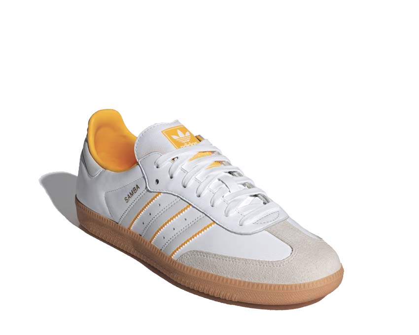 Adidas Samba OG White Crystal White Yellow vue latérale — 3 bandes et semelle gomme