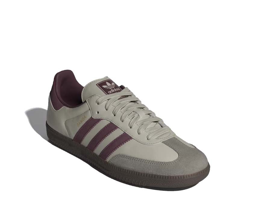 Adidas Samba OG Putty Grey Maroon side view — 3 stripes Gold Metallic leather