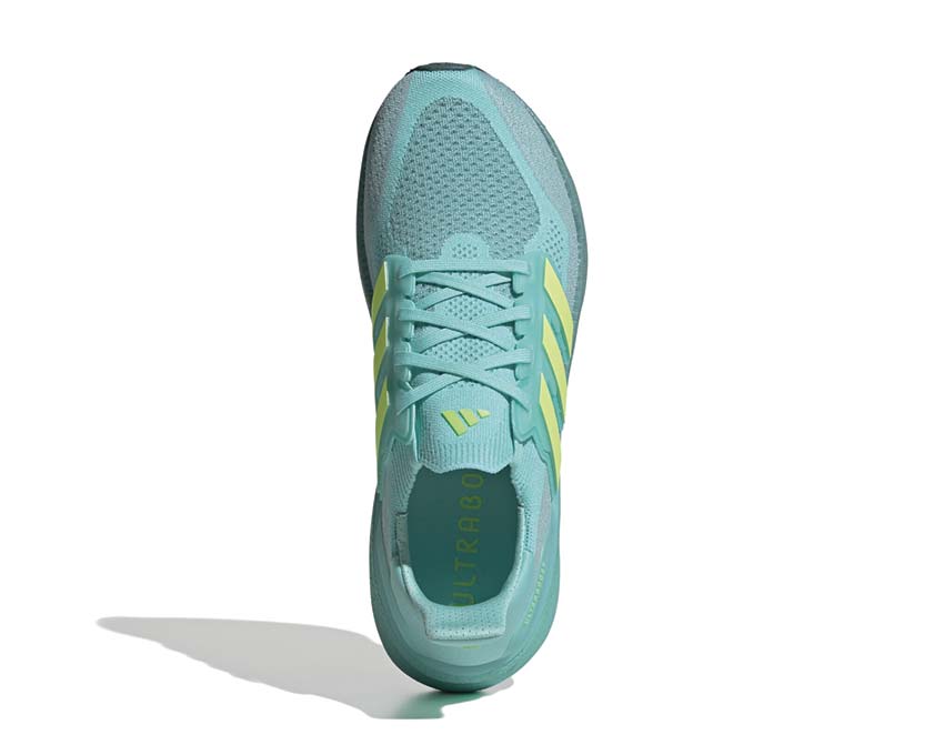 Adidas Ultraboost 5 Flash Aqua vue latérale — amorti Boost et cage Torsion