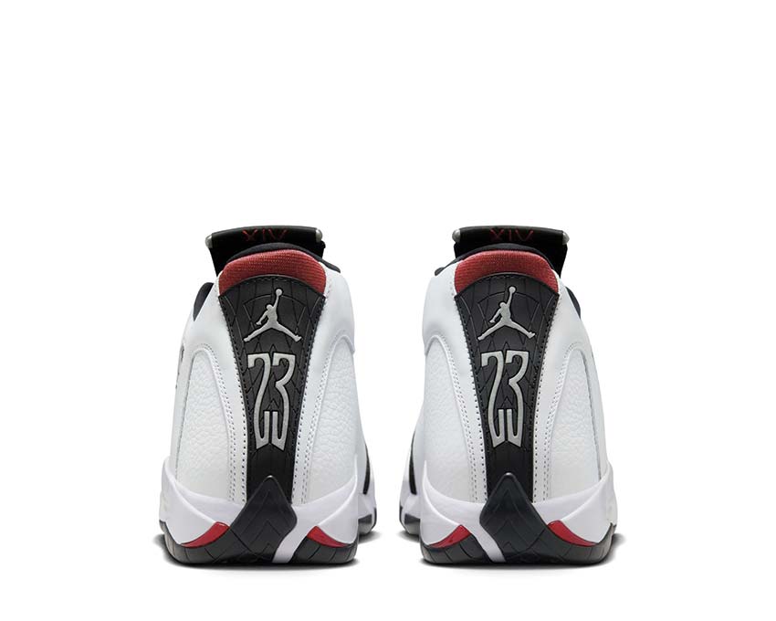 Air Jordan 14 Retro Black Toe White Red detalle — caña cuero negro varsity red