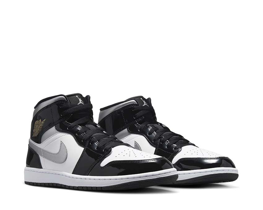 Jordan Air Jordan 1 Mid SE Black Metallic Silver White vista lateral — cuero metalizado