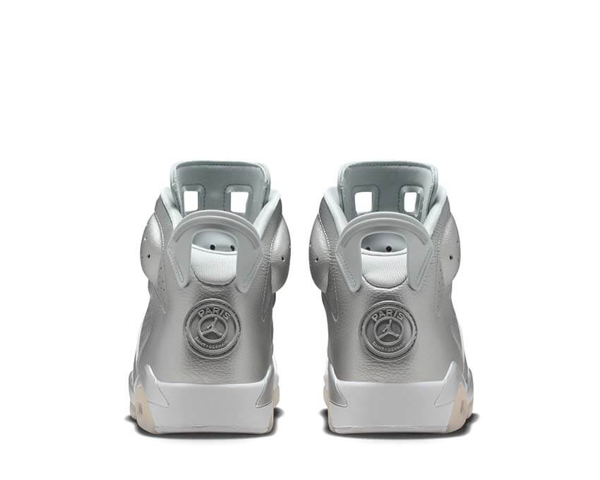 Air Jordan 6 Retro x PSG Metallic Silver Detail — glänzende Schnürsenkelverschlüsse PSG Co-Branding