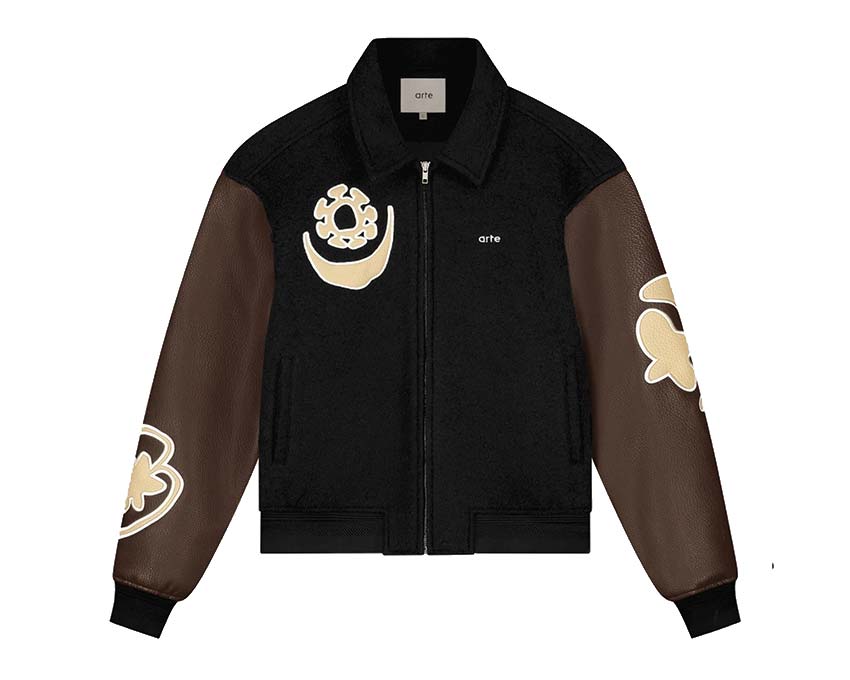 Arte Varsity Jacket Black Brown — Unisex-Collegejacke zweifarbig