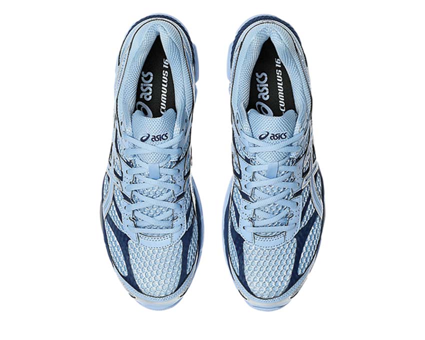 Asics Gel Cumulus 16 Independence Blue détail — mesh et suède structuré