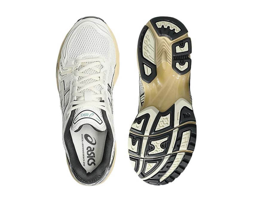 Asics Gel Kayano 14 Cream arrière — construction cuir synthétique et mesh