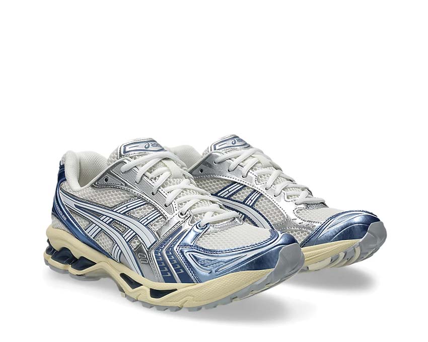 Asics Gel Kayano 14 Cream/Denim Blue vista lateral — parte superior mesh transpirable