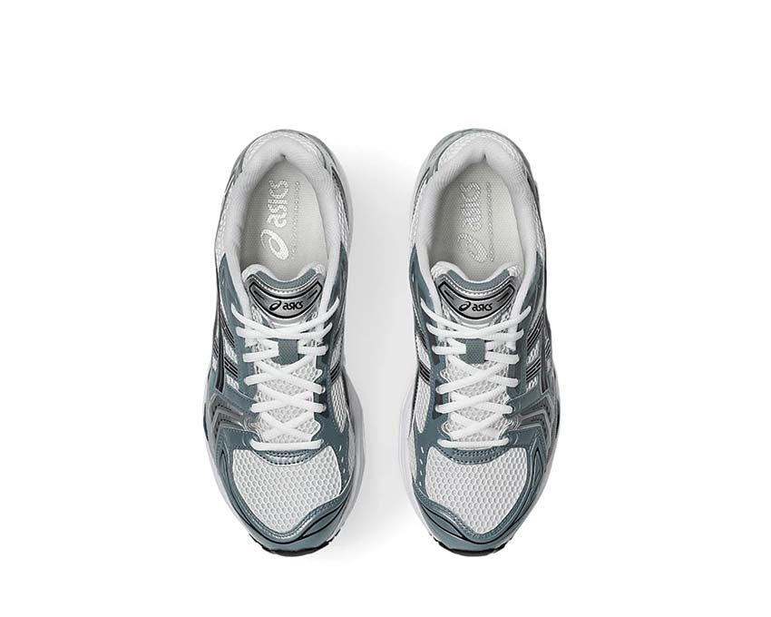 Asics Gel Kayano 14 White/Fjord Grey arrière — amorti Gel talon