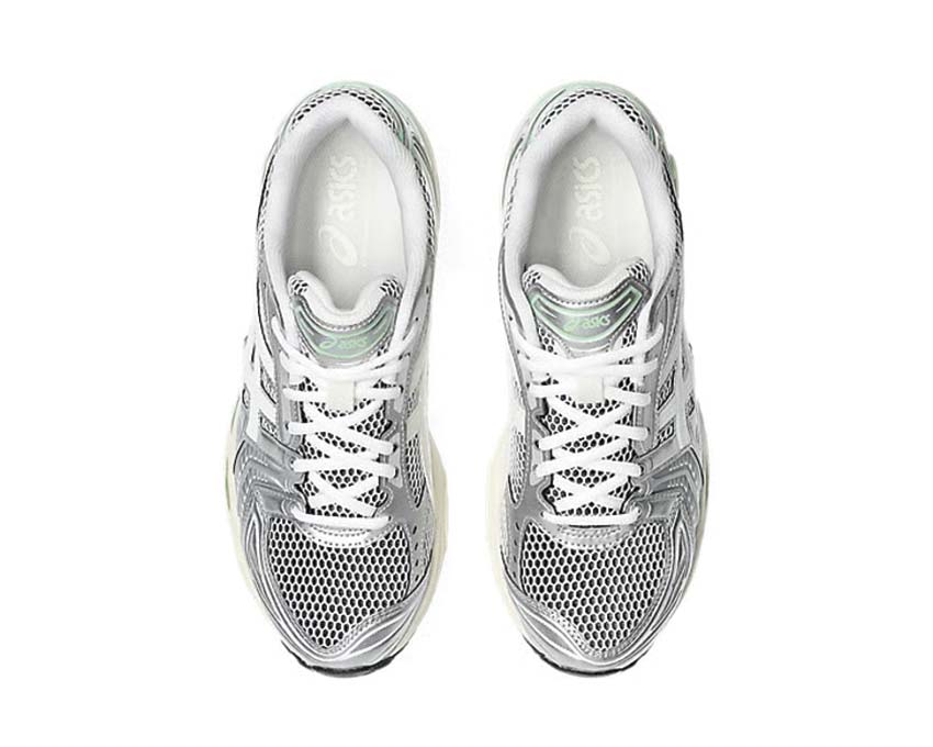 Asics Gel Kayano 14 White/Menthol détail — cuir synthétique mesh