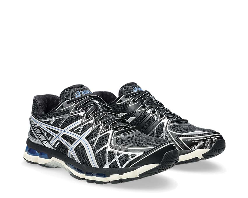 Asics Gel Kayano 20 Black Silver Black/Pure Silver vista lateral — parte superior mesh transpirable