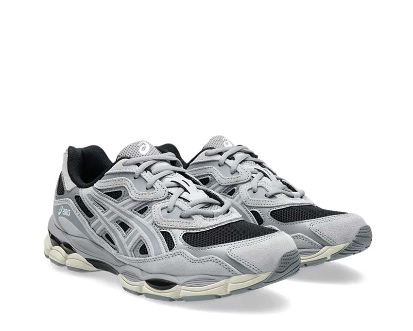 Asics Gel NYC Piedmont Grey Black/Piedmont Grey vista lateral — upper mesh y cuero vintage