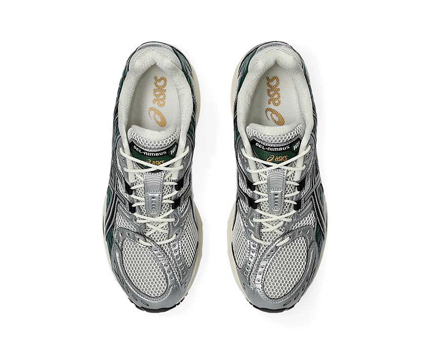 Asics Gel Nimbus 10.1 Cream/Grove détail — mesh et suède rétro