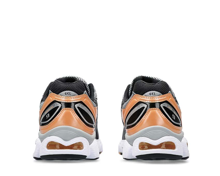 Asics Gel Nimbus 9 Sheet Rock/Orange Lily détail — mesh et overlay vintage