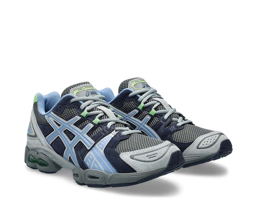Asics Gel Nimbus 9 Steel Grey/Blue Harmony vue latérale — tige mesh respirante