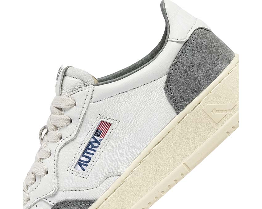Autry Medalist Low Goat Suede White Grey detail — colorful panels