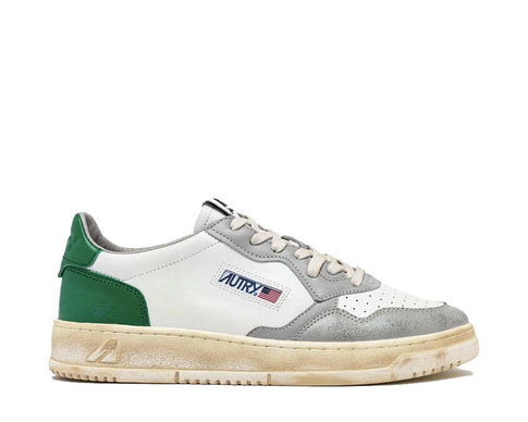 Autry Super Vintage Low Leat White Green Grey — sneaker uomo pelle bianca verde
