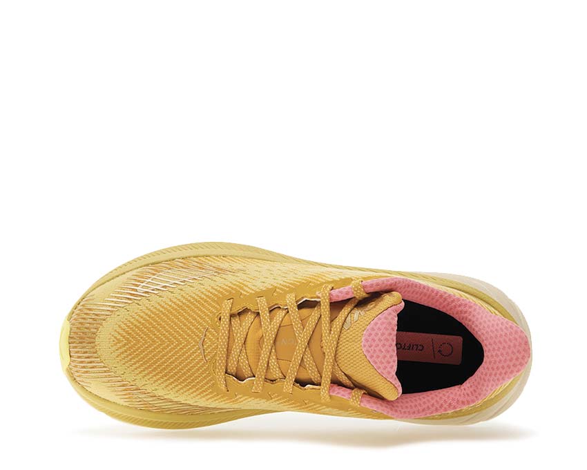 HOKA Clifton 9 GTX Varsity Yellow vista lateral — tecnología Meta-Rocker