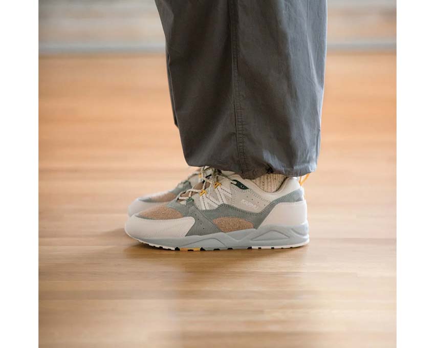 Karhu Fusion 2.0 Limestone Bright White side view — mesh and leather upper