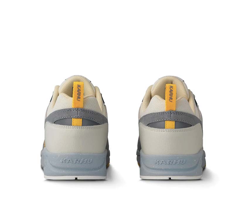 Karhu Fusion 2.0 Limestone Bright White detail — premium leather and mesh finish