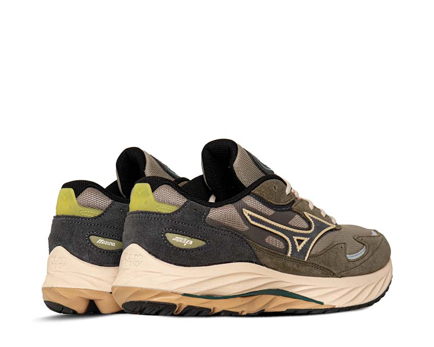 Mizuno Wave Rider β Vintage Khaki Black Sand Grape détail — mesh ventilé