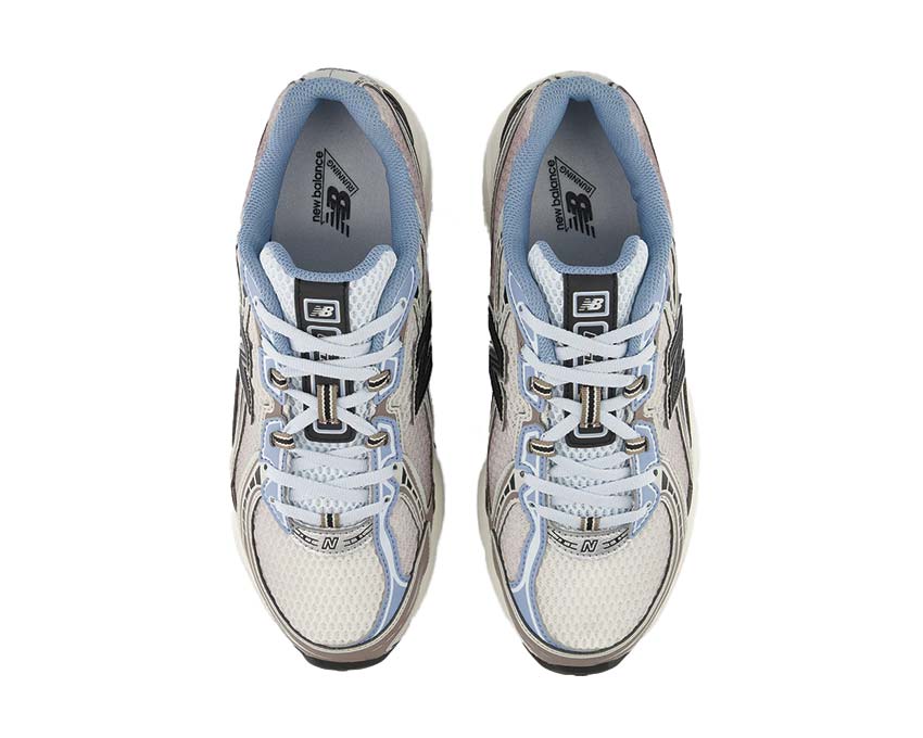 New Balance 740 Sea Salt detalle — refuerzos ante contrastantes beige sal