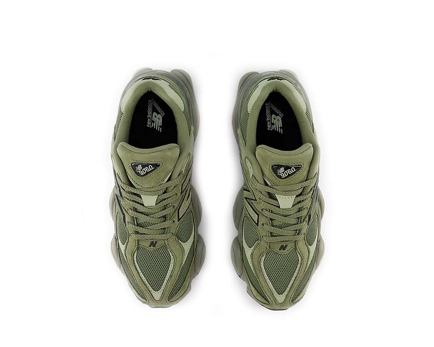 New Balance 9060 Dark Olivine Detail — Wildleder und Mesh Overlays