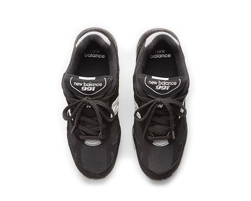 New Balance 991 Made in UK Black Silver détail — empiècements suède et mesh