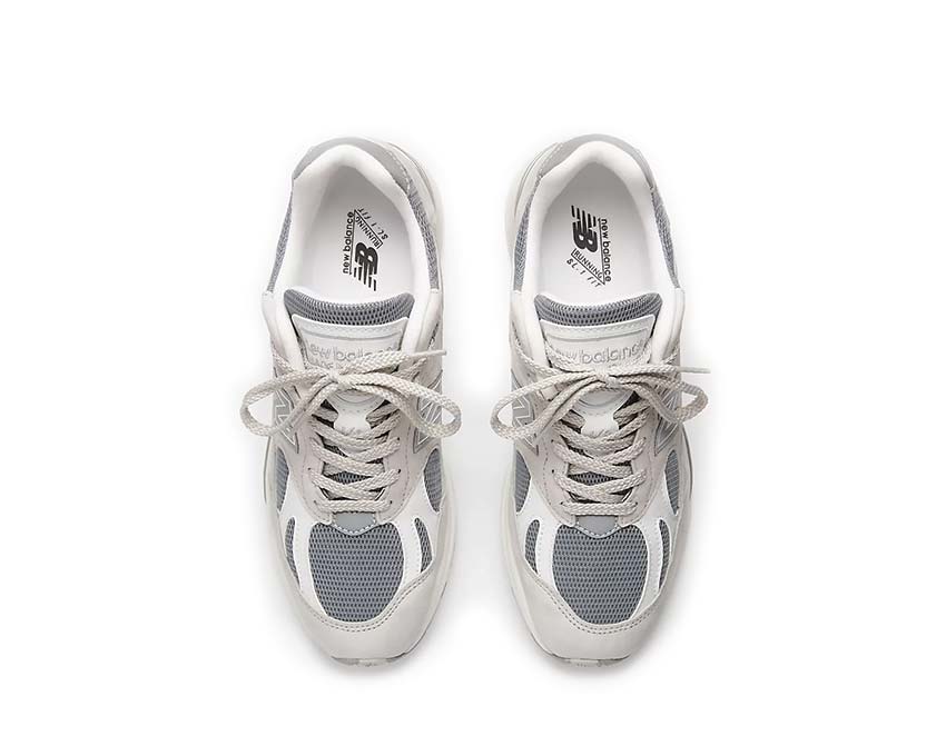 New Balance 991v2 Made in UK Cool Grey dettaglio — pannelli scamosciati e mesh