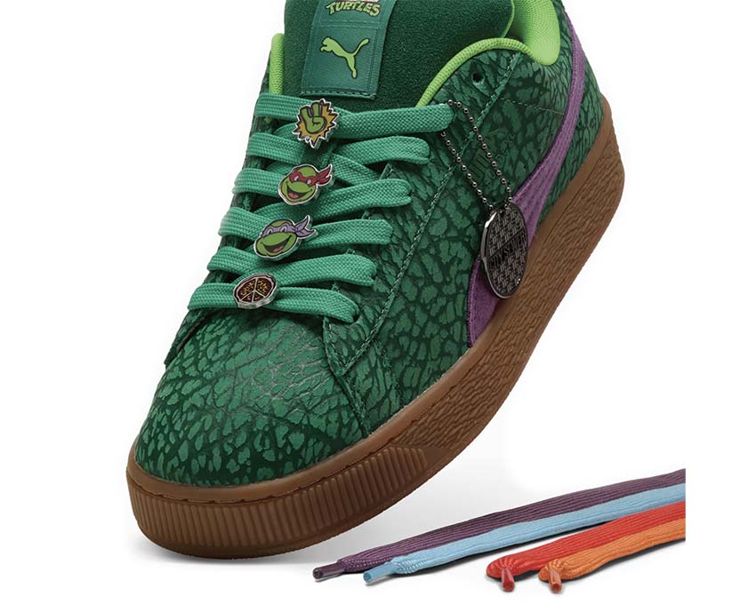 Puma Suede XL TMNT Vine Gum vista lateral — ante verde TMNT
