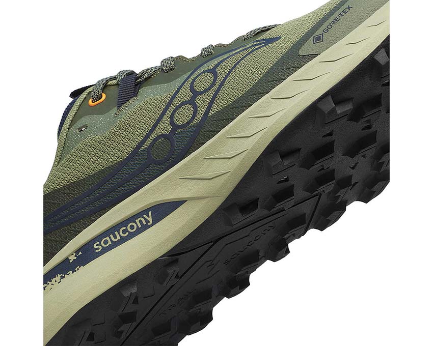 Saucony Peregrine 15 GTX Hemlock Navy side view — breathable mesh upper