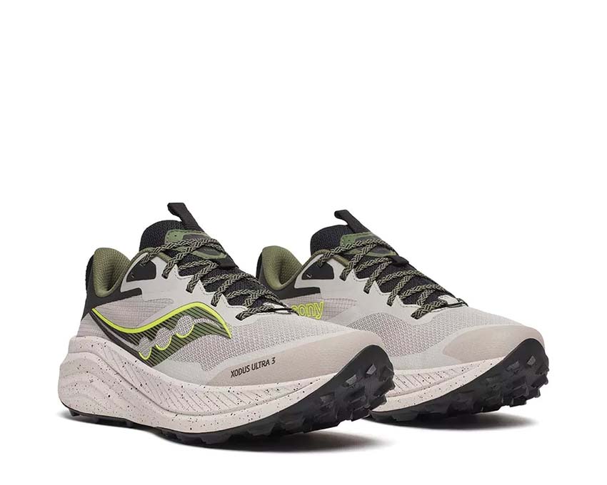 Saucony Xodus Ultra 3 Dove Olivine vista lateral — parte superior de malla transpirable