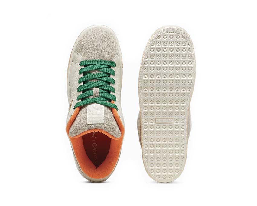 Puma Suede XL Carrots 2 Warm White Rickie Orange detalle — branding Carrots bordado