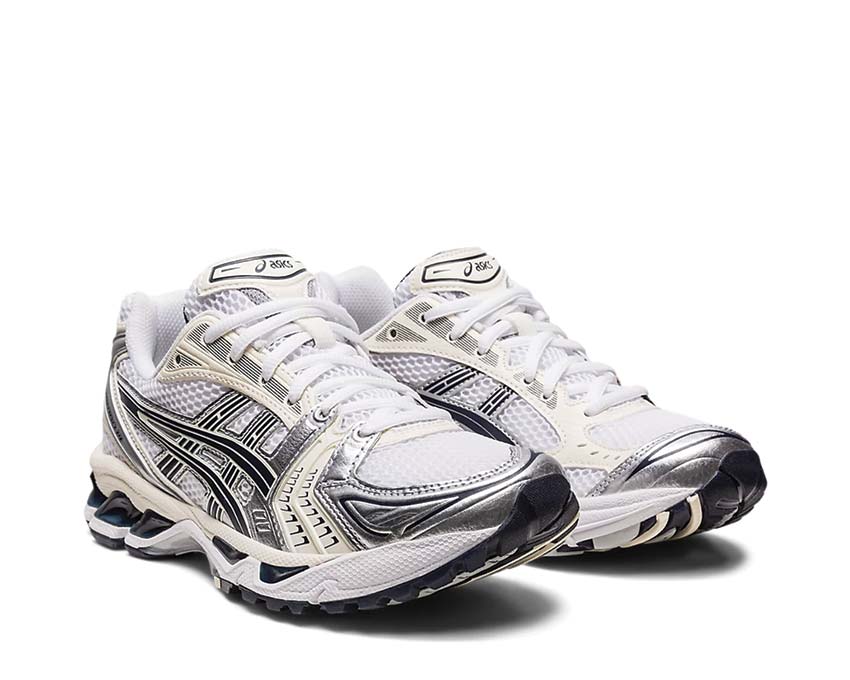 Asics Gel Kayano 14 White Midnight vista lateral — parte superior de malla