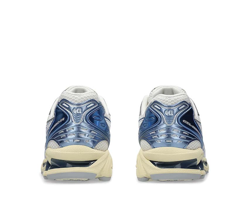 Asics Gel Kayano 14 Cream/Denim Blue detalle — cuero sintético y mesh