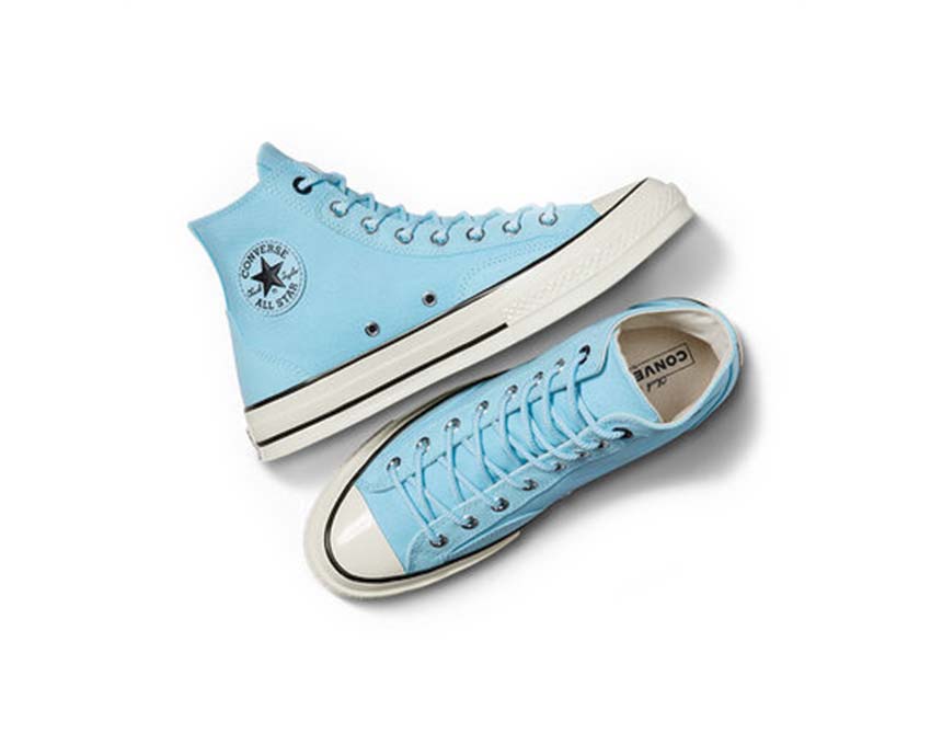 Converse Chuck 70 Hi Sky Blue detalle — parche tobillo azul pastel