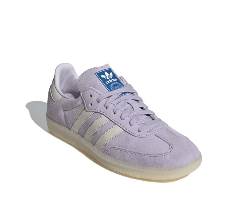 Adidas Samba OG Silver Dawn side view — iridescent silver leather and Chalk White