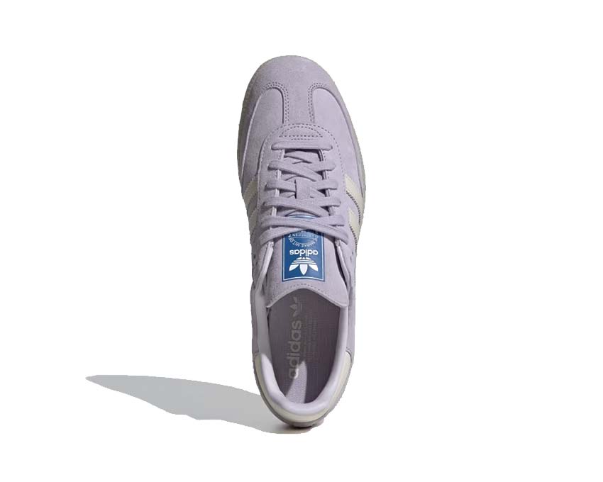 Adidas Samba OG Silver Dawn detail — silver T-Toe and tonal Three Stripes
