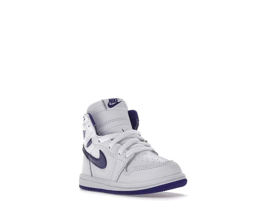 Jordan 1 Baby High OG Court Purple vista lateral — cuero blanco morado bebé