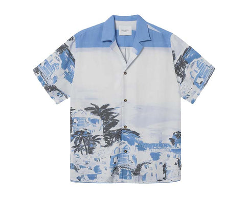 Les Deux Coastal AOP SS Shirt Washed Denim Blue — camisa unisex AOP denim