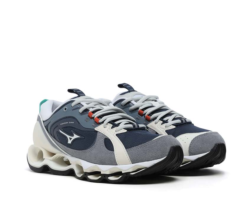 Mizuno Wave Prophecy Beta 2 Gray/Blue vue latérale — mesh respirant running lifestyle
