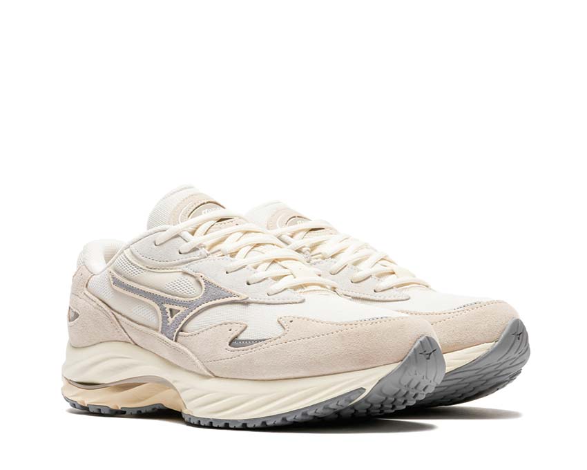 Mizuno Wave Rider Beta White Sand/Ultimate Gray side view — breathable mesh running