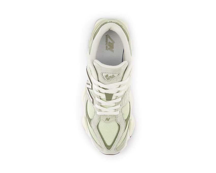 New Balance 9060 Olivine Lichen Green détail — empiècements mesh et suède