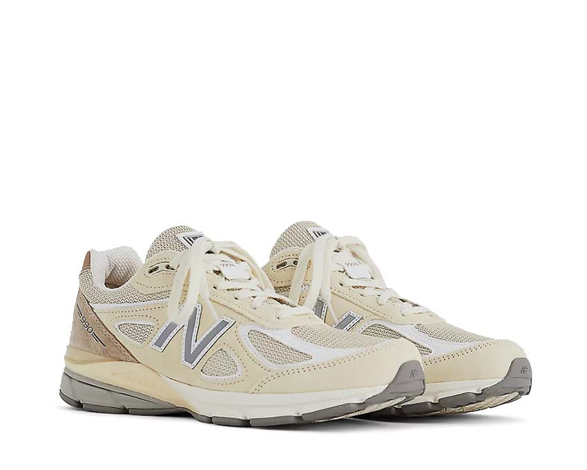 New Balance 990v4 Made in USA Limestone vista lateral — parte superior malla y ante