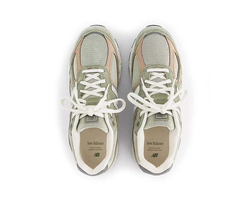 New Balance 990v4 Olive Incense Made in USA detail — olive suede N logo contrast stitching