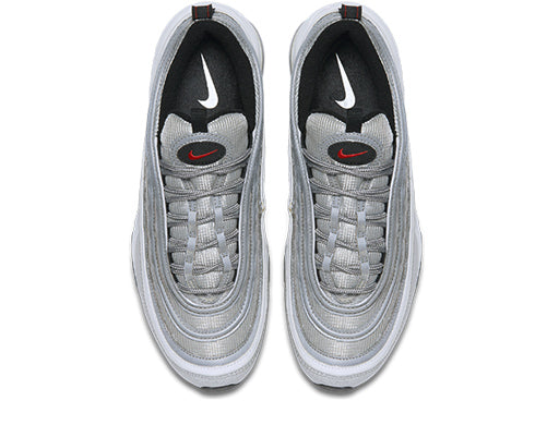 Nike Air Max 97 OG Metallic Silver Bullet detail — multi-material upper silver bullet