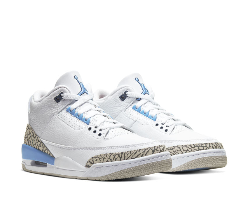 Jordan Air Jordan 3 Retro UNC White Valor Blue Tech Grey side view — white mesh leather grey blue