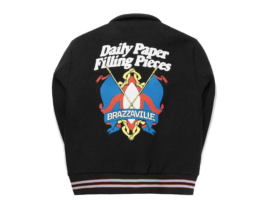 Daily Paper x Filling Pieces Varsity Jacket Black vista lateral — espalda lana fieltro